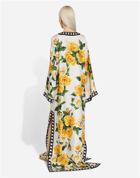 dolce gabbana caftan|Silk caftan with kimono sleeves and yellow rose print.